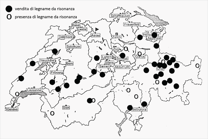 Distribuzione delle stazioni di presenza e di vendita di legname da risonanza in Svizzera,