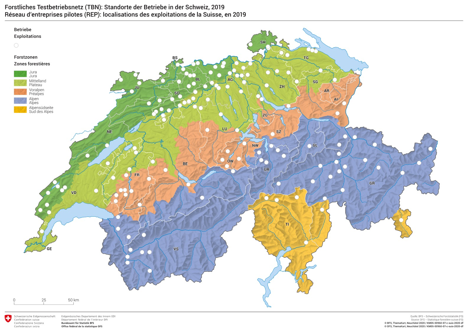 Répartition géographique des exploitations REF par région forestière