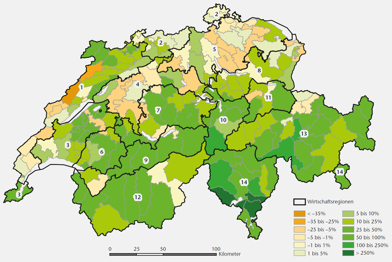 Veränderung der Waldfläche zwischen den Zeitschnitten 1880 und 2000 pro Forstkreis