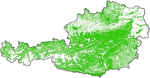 Abb. 2: Waldkarte Österreichs aus LANDSAT-Bildern und ÖWI-Daten
