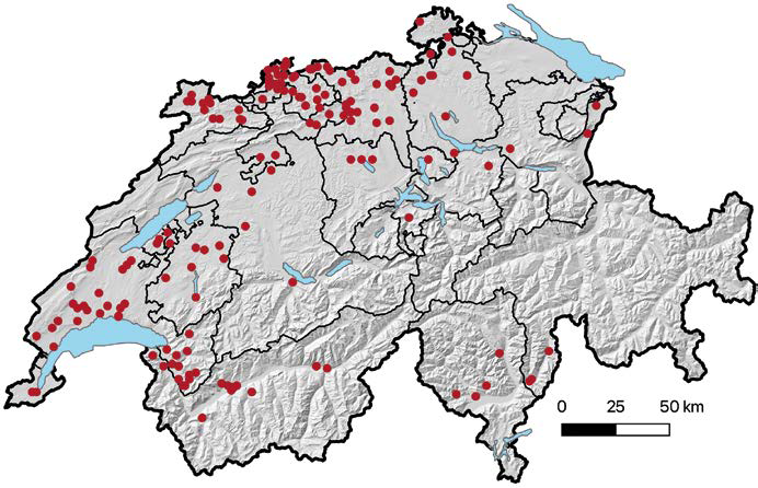Carte de répartition de la processionnaire du chêne en Suisse