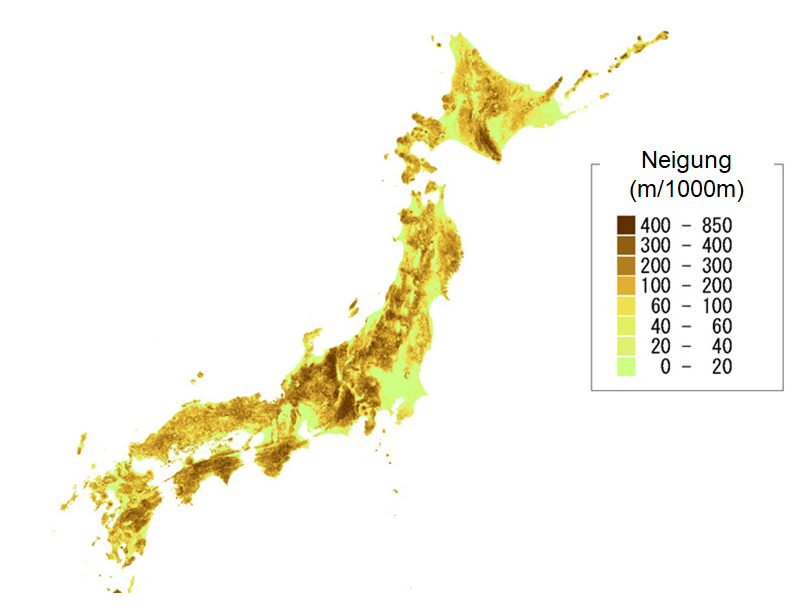 Regionale Verteilung von Hangneigungen in Japan