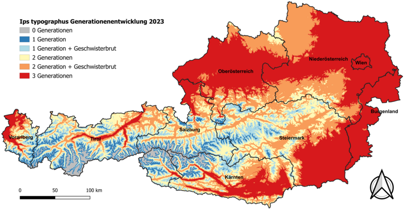 Österreichgrafik mit unterschiedlich gefärbten Bereichen