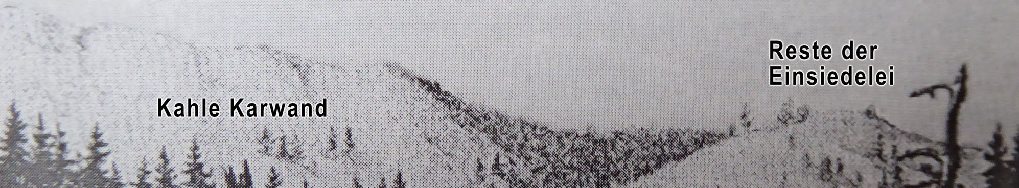 Wilder See 1830. Kahle Karwand und kahler Hügel mit Resten der Einsiedelei; erste Aufforstungen. Heute gibt es überall nur alte Bäume.