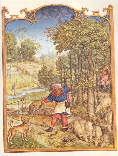 Herbstliche Schweinemast im Eichenwald, Malerei von 1510.