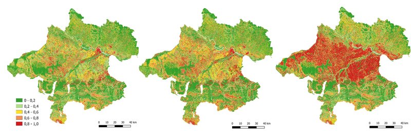 Grafische Darstellung des Oberflächenabflusses anhand von gefärbten Karten von Oberösterreich