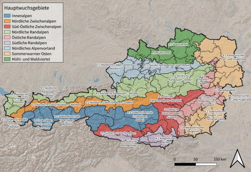 Karte von Österreich mit verschiedenen Wuchsgebieten