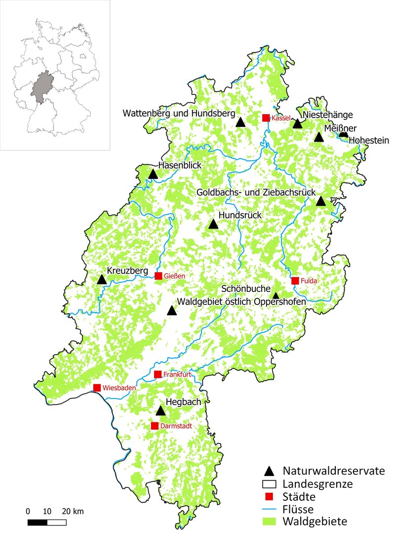  Lage der untersuchten Naturwaldreservate in Hessen