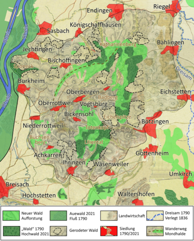 Rheinaue, Kaiserstuhl und Dreisamniederung 2021 – Neuer Rhein mit Auewald; erweiterte Siedlungsflächen; umfangreiche Waldrodungen; neue Acker- und Rebflächen; verlegte Dreisam – © Karte H. Volk