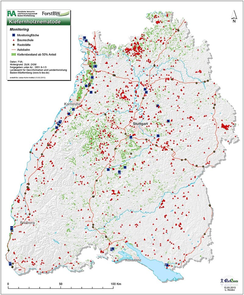 Probepunkte des Kiefernholznematoden-Monitorings in Baden-Württemberg