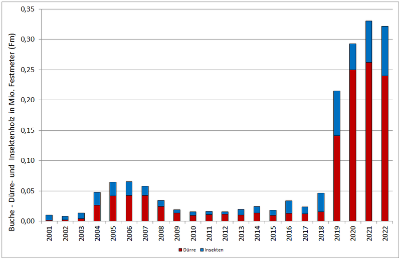 Abb. 8: Mit den Einschlagsursachen „Dürre und Insekten“ in Baden-Württemberg angefallenes Buchenholz (zufällige Nutzung) über alle Waldbesitzarten von 2003 bis 2022; Grafik: FVA BW/Wußler; Quelle: LFV und ForstBW.