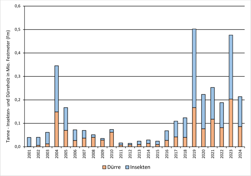 Mit den Einschlagsursachen "Dürre" und "Insekten" in Baden-Württemberg angefallenes Tannenholz (zufällige Nutzungen) über alle Waldbesitzarten von 2001 bis 2024 (Grafik: FVA BW/Wußler; Quelle: LFV und ForstBW).