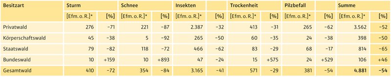 abelle zum Schadholzanfall 2025 nach Besitzart und Schadursache. Dargestellt sind die Mengen von Sturm-, Schnee-, Insekten-, Trockenheits- und Pilzschäden sowie die jeweilige prozentuale Veränderung gegenüber dem Vorjahr. Insgesamt entfielen 4,881 Millionen Erntefestmeter ohne Rinde auf Schadholz.
