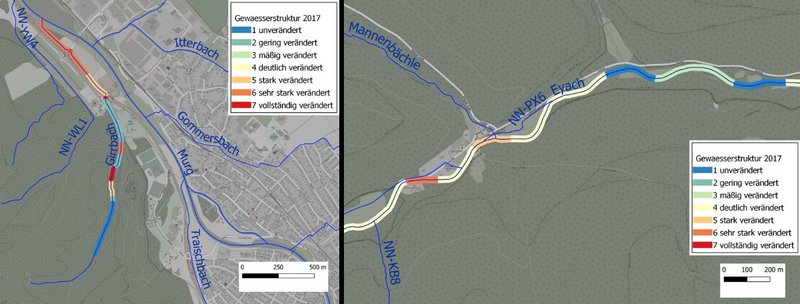 Abb.2 Gewässerstruktur (7-teilige Skala) an Abschnitten des Girrbachs (links) und der Eyach (rechts). Für kleinere Gewässer, wie das Mannenbächle (rechts), gibt es keine Daten zur Gewässerstruktur.