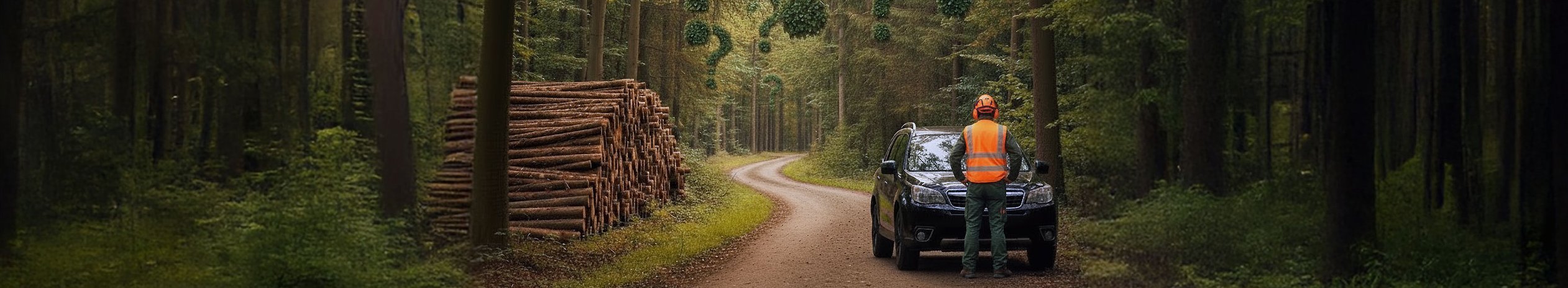 Eine helle Panorama-Waldszene mit einem Feldweg, der sich durch einen üppig grünen Mischwald aus Buchen und Fichten schlängelt. Auf der linken Straßenseite liegt ein Holzstapel mit ordentlich gestapelten Fichtenstämmen. Im Hintergrund schweben Fragezeichen aus grünen Blättern zwischen den Bäumen. Auf der rechten Straßenseite steht ein Auto, daneben eine eine Person in Forstkleidung, neben ihr sitzt ein Jagdhund.