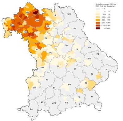 Bayernkarte mit orangen Flächen v.a. in Unterfranken