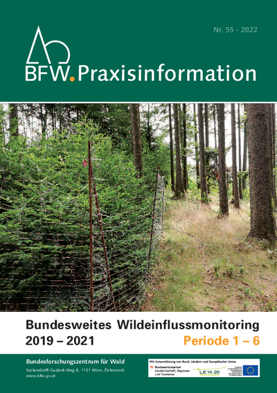 Cover der Praxisinfo 55 zum Thema "Bundesweites Wildeinflussmonitoring 2019-2021"