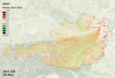 Grafik mit Österreichkarte, die Vegetationsindex im Herbst anzeigt