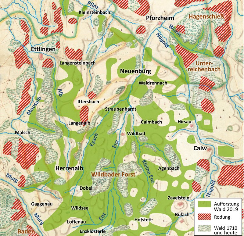 Landschaftsbilanz Nordschwarzwald über 320 Jahre. Großflächiger Waldaufbau dient dem Klimaschutz, der Erholung und der Sicherung sauberen Wassers; große Waldverluste an den Rändern des Schwarzwaldes, von denen aus der Schwarzwald bereits vor rund 2 800 Jahren besiedelt und genutzt wurde. Wald/Holz 1700: SHD, Paris VD 19, Nr. 1; Wald/Rodung: Topographische Karte 2019, 1:50 000.