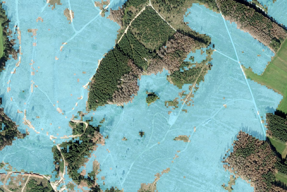 Luftbild mit blau eingefärbten Flächen