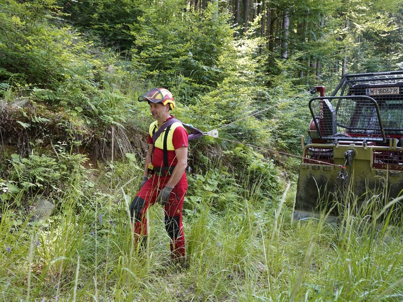 Ein Forstarbeiter geht im Wald undist über eine Seilwinde mit einer Forstmaschine verbunden.