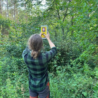 Mann mit einem Messgerät im Auwald