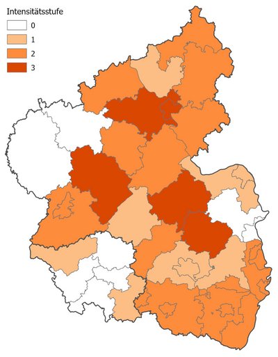 Eichenprachtkäfer-Intensitätsstufen auf Ebene der Landkreise und kreisfreien Städte, hergeleitet aus den Meldungen der Forstämter im digitalen Waldschutzmeldesystem ergänzt um Befunde aus der Waldschutzberatung in der Summe von 2020 bis 2025