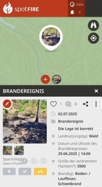 Der Screenshot der App zeigt detaillierte Informationen zu einem bestimmten Branderreignis an