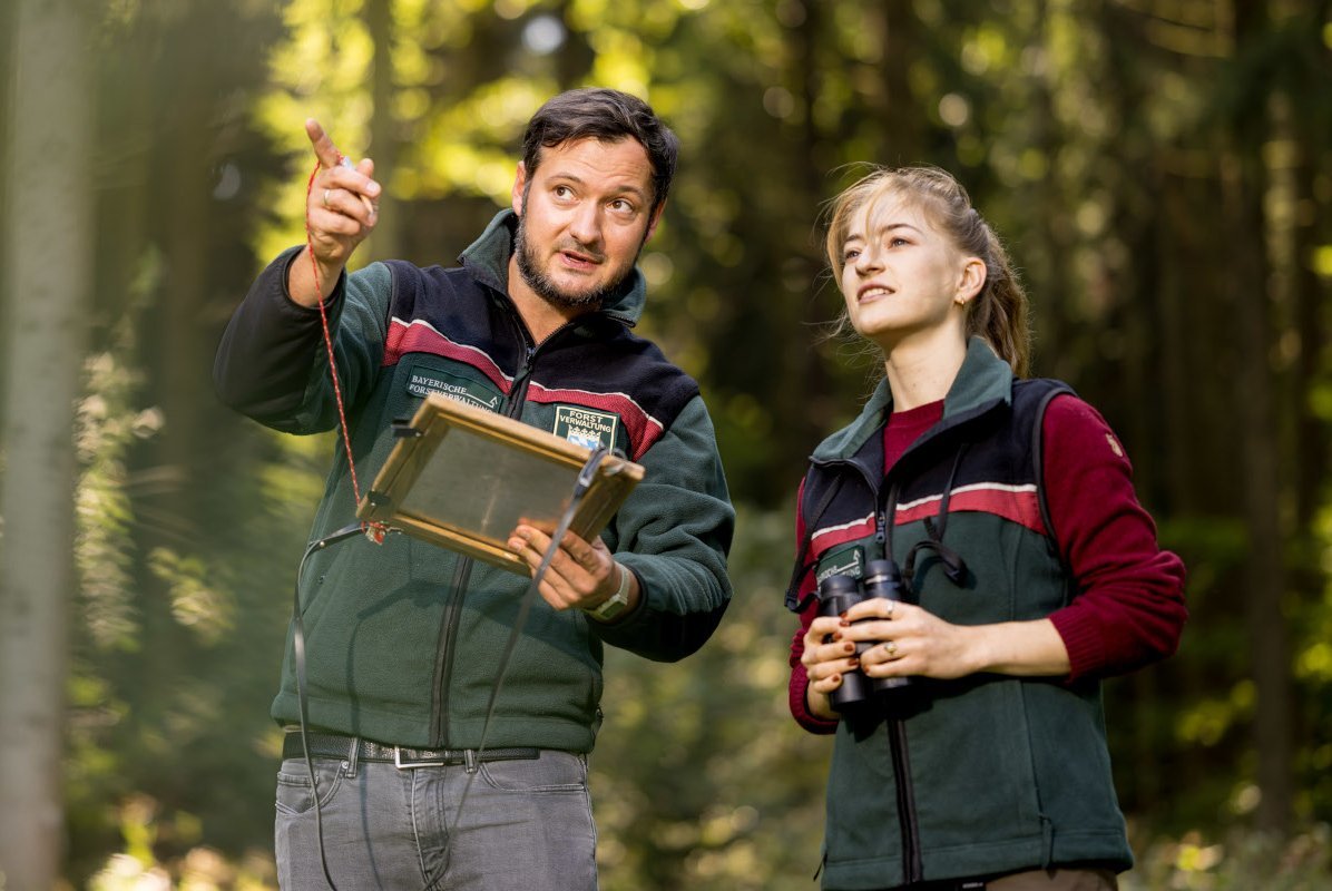 Förster und Försterin in Dienstkleidung mit Klemmbrett und Fernglas im Wald. Sie deuten nach oben und unterhalten sich.
