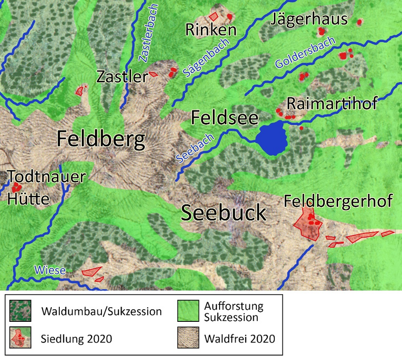 Waldzunahme im Gebiet Feldberg von 1790 bis 2020.