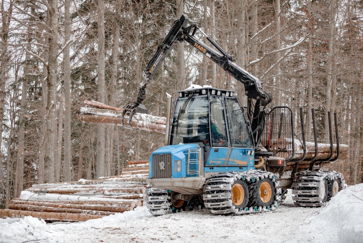 Blaue Forstmaschine mit Kran legt Baumstämme auf einen Holzstapel