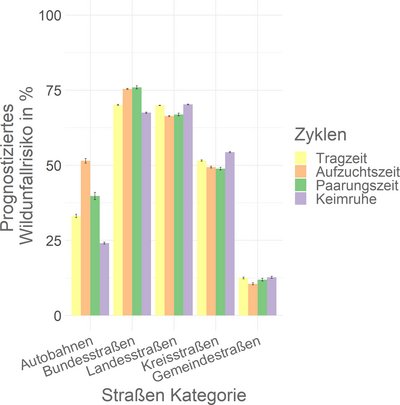 Grafik zeigt Wildunfallrisiko von Rehen in Abhängigkeit von Straßentypen während biologischen Zyklen