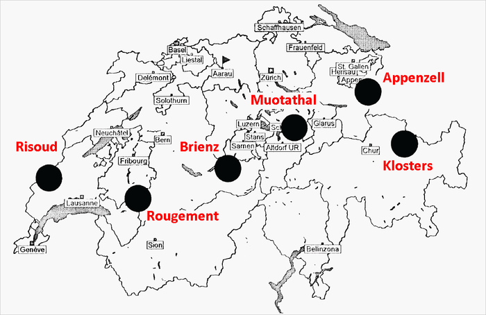 Localisation des six principales régions de Suisse à bois de résonance