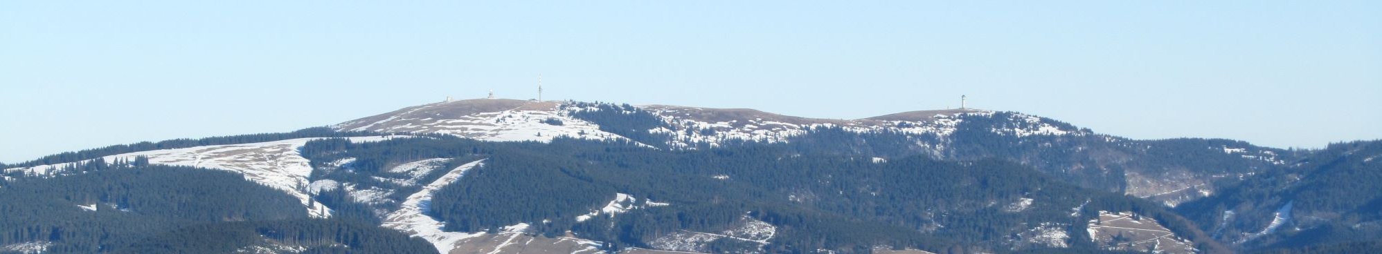 Blick vom Belchen auf Feldberg, Grüblesattel und Seebuck: Der waldfreie Gipfelbereich markiert keine natürliche Waldgrenze – diese läge in dieser Breitenlage deutlich höher. Die Offenflächen sind überwiegend Ergebnis historischer Weide- und Nutzungsgeschichte, ergänzt durch kleinräumige Sonderstandorte wie Lawinenbahnen und Moore.