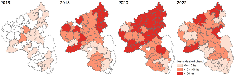Abb. 3: Meldungen „bestandesbedrohender“ Schäden aufgrund Buchdrucker-Befall vor der Kalamität 2016, zu Beginn der Kalamität 2018, zum Höhepunkt 2020 und aktuell im Jahr 2022; Grafik: FVA BW/Wußler; Quelle: Meldungen der Forstämter im digitalen Waldschutz-Meldesystem.