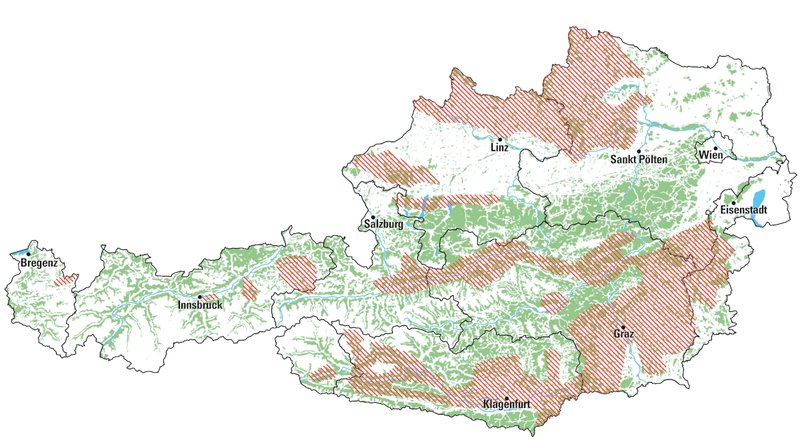 Österreichkarte mit Schraffierungen, die Streunutzungs-Gebiete anzeigt