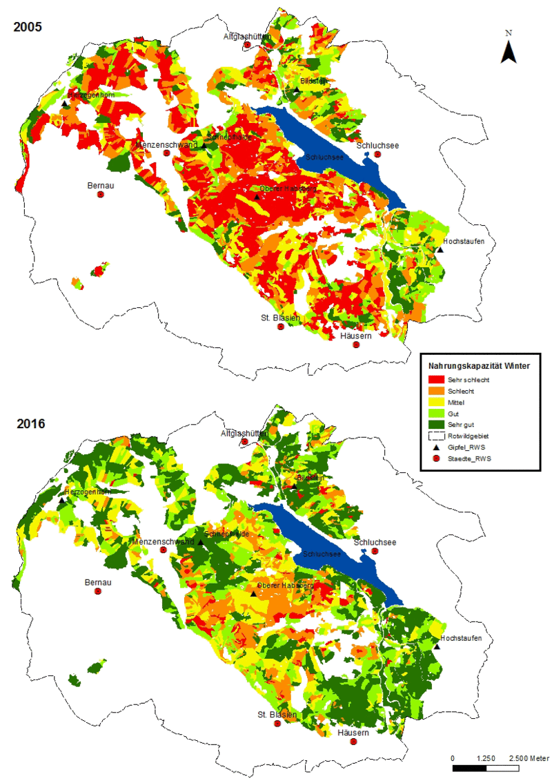 Die Nahrungskapazität im Winter 2005 und 2016.
