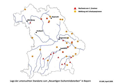 Lage der untersuchten Standorte in Bayern