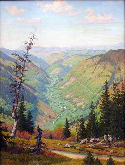 Blick vom Feldberg ins Wiesental 1936. Halbzeit des Waldaufbaus. Laubwald gelbgrün, Nadelwald dunkelgrün. Grundlagen heutiger Mischwälder sind gelegt. Natürlich angeflogene Fichten im Vordergrund.