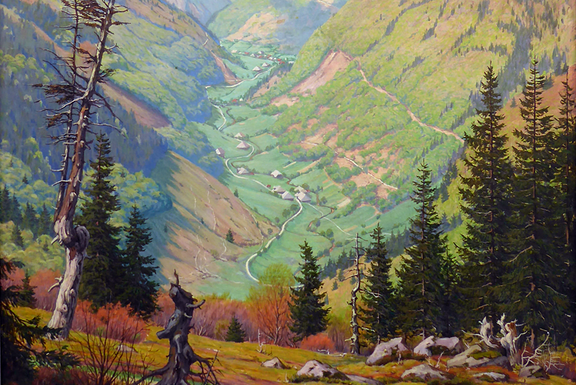 Blick vom Feldberg ins Wiesental 1936. Halbzeit des Waldaufbaus. Laubwald gelbgrün, Nadelwald dunkelgrün. Grundlagen heutiger Mischwälder sind gelegt. Natürlich angeflogene Fichten im Vordergrund. Ölbild von Julius Heffner. Galerie Meier, Freiburg.