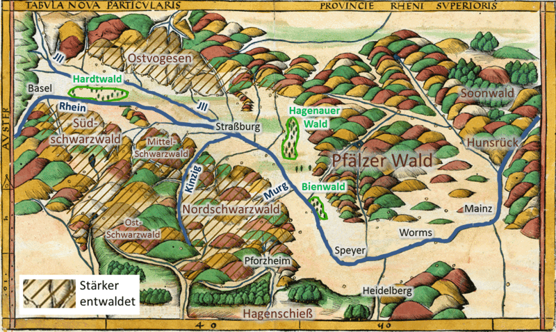 Der Oberrhein 1513 (oben); starke Entwaldung in Schwarzwald und Vogesen (unten); (nach Martin Waldseemüller 1513, modifiziert; Quelle und Druckgenehmigung: dilibri Rheinland-Pfalz (www.dilibri.de)