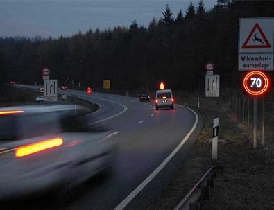 Die ausgelösten LED-Lichtsignaltafeln an der Anlage 2 Breitenbronn in Fahrtrichtung Aglasterhausen während der Nachtstunden