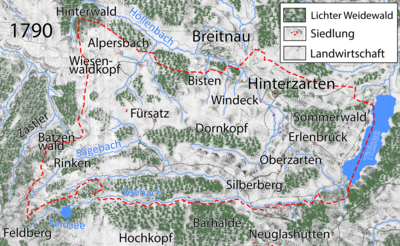 Hinterzarten und lichter Weidewald um 1790; die Gemarkung (rote Linie) hatte nur etwa 18 % Waldfläche.