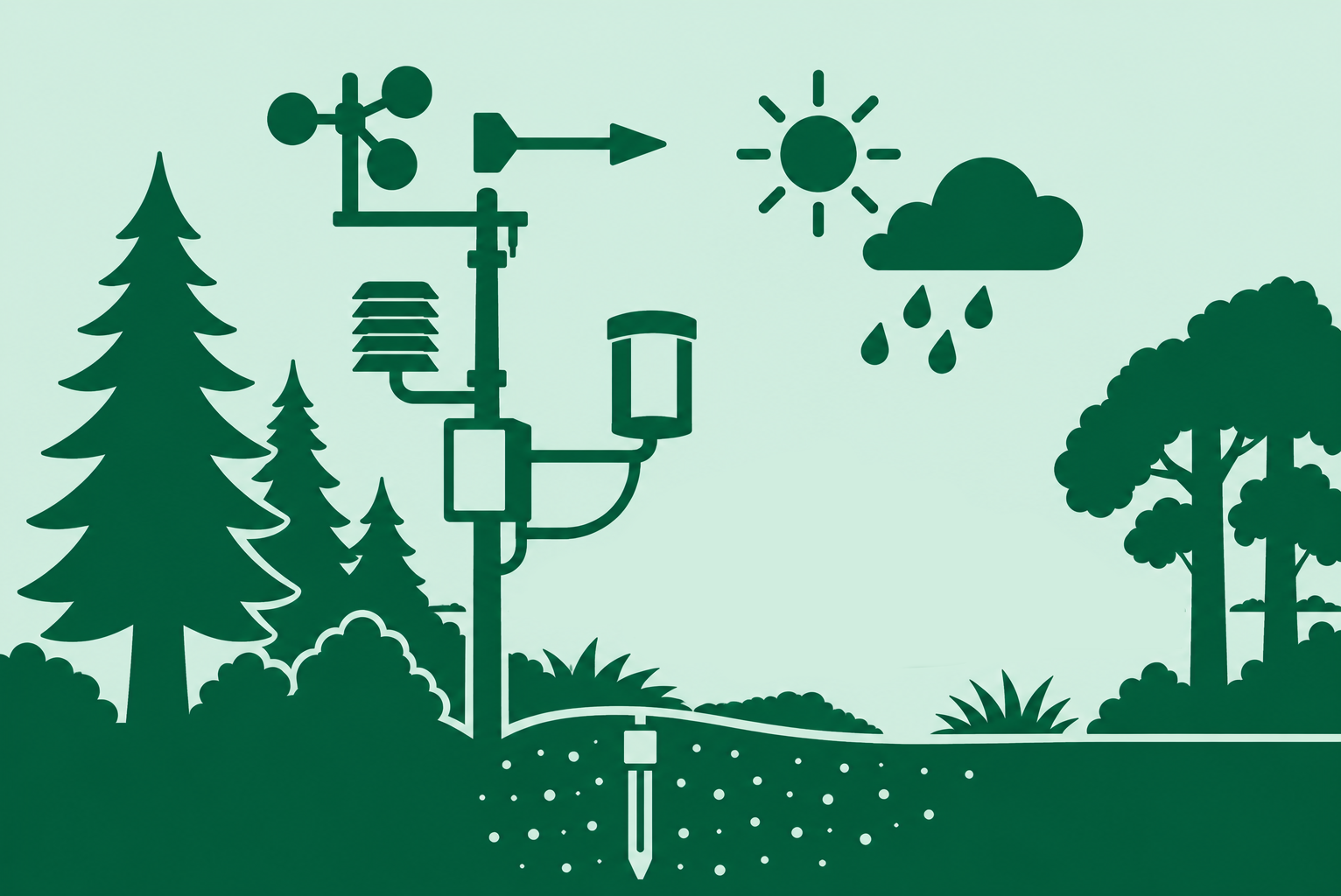 Grafische Darstellung eines Waldes mit Messstation zur Erfassung von Wetter- und Bodenparametern. Zu sehen sind ein Windmesser, Sonnenschein, Regenwolken und eine Bodensonde zwischen Nadel- und Laubbäumen.