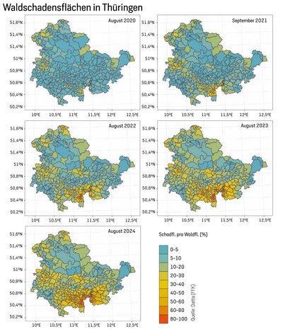 5 Karten von Thüringen - die Waldschäden nehmen jährlich zu