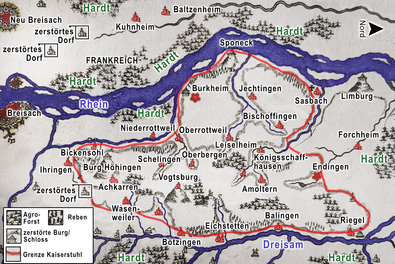 Agrarlandschaft Kaiserstuhl 1737. Die Agro-Forste waren Hardt-Gebiete: Im Kaiserstuhl, im Umland des Kaiserstuhls und im Elsass/Frankreich.