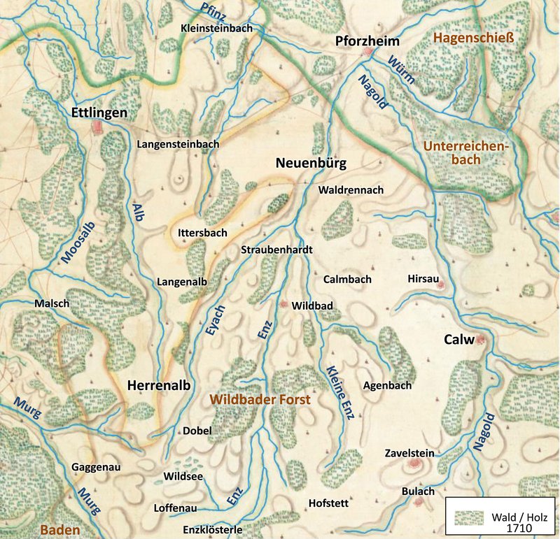 Um 1700 hatte der Nordschwarzwald nur etwa 18 % Wald. SHD, Paris VD 19, Nr. 1. Bearbeitung H. Volk
