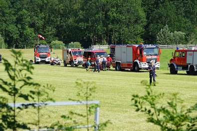 Fünf Feuerwehrfahrzeuge auf einer Wiese