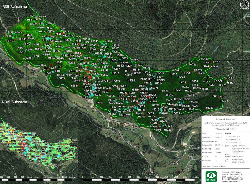 Sogenannte Hotspots nach einer Teilüberfliegung der Pufferstreifenversuchsfläche (130 von 170 ha)