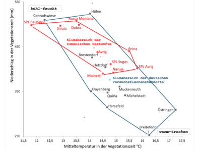 Klimabereiche der Herkünfte und Versuchsstandorte.